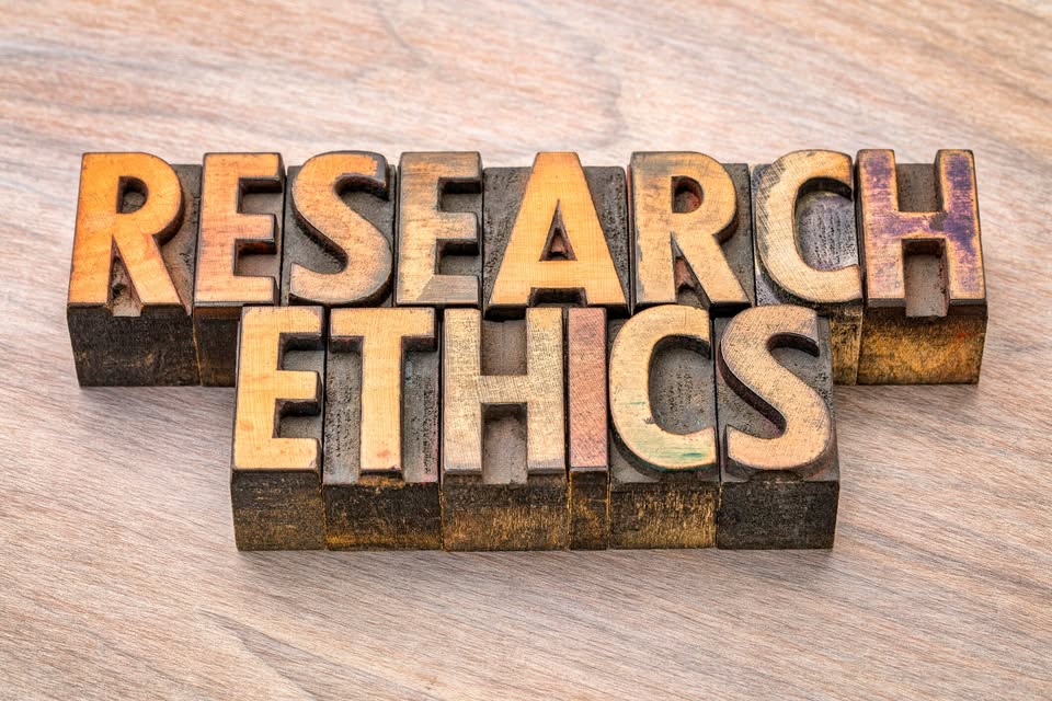 research ethics word abstract in vintage letterpress wood type printing blocks