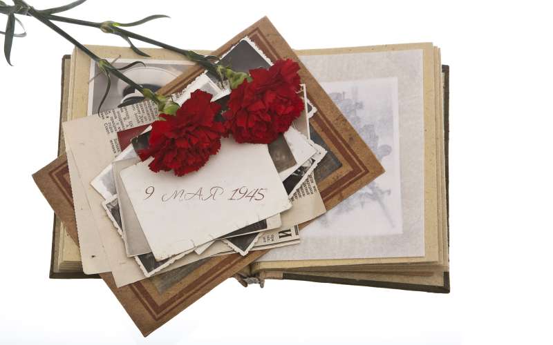 album with Vintage photos and two Red carnation flowers on white background