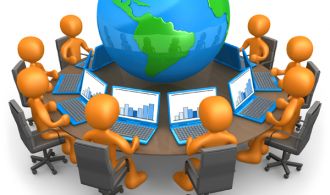 Royalty-free 3d computer generated business clipart picture of a group of orange people working on laptops at a round table with a globe in the center, on a white background with shading.