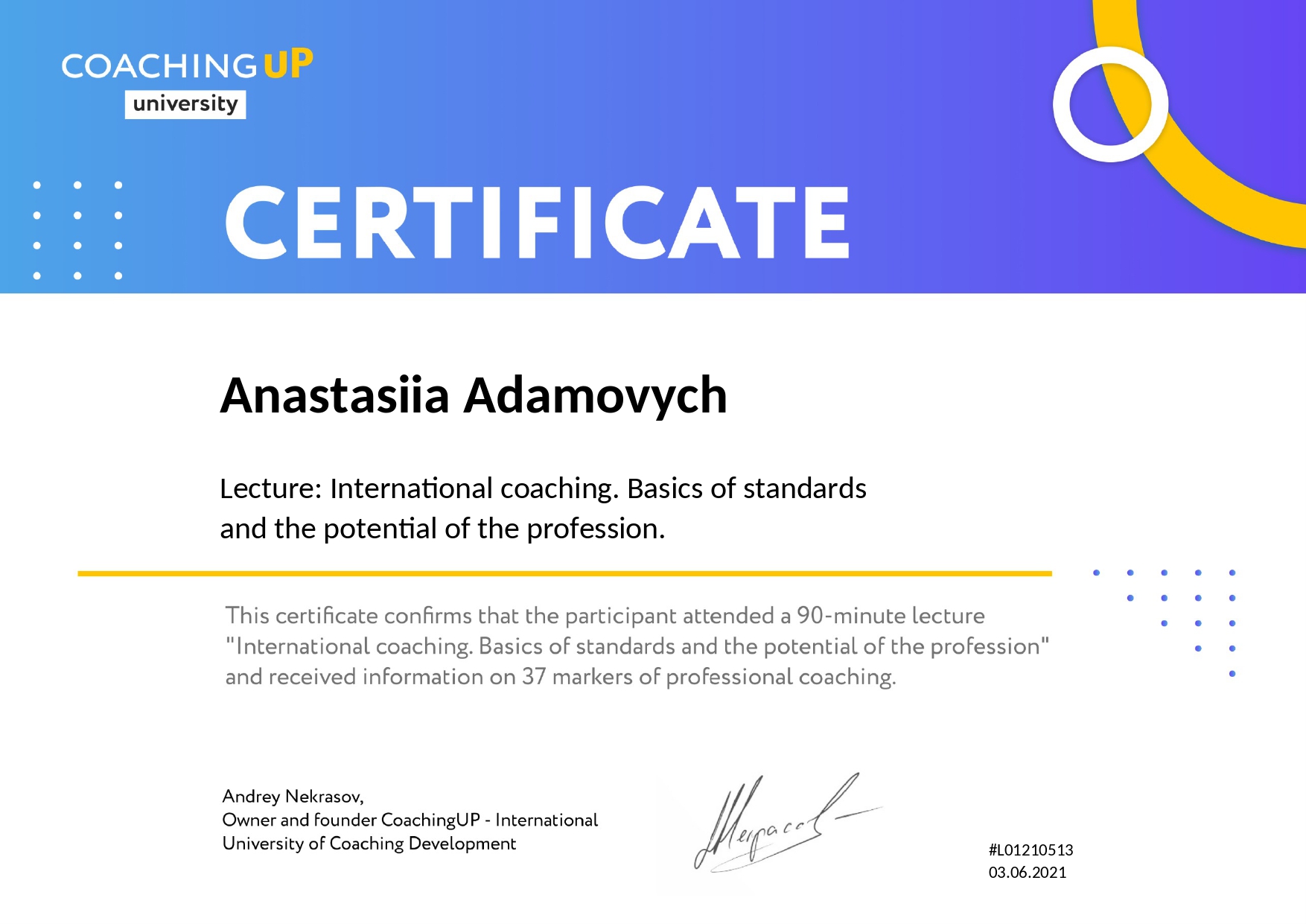 Сертифікат Адамович А.настасії про участь у лекції Міжнародний коучинг. Основи стандартів і потенціал професії. _page-0001